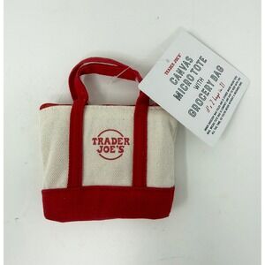 Trader Joe's Canvas Micro Tote with Grocery Bag Inside Red Cream Mini Pouch NWT